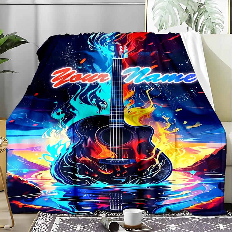 1PC Custom Name "Flame Guitar Artwork" outdooor Flannel blankets Patterns Throw Blanket All-Season Soft Gift for Couch, Bed, Camping gifts