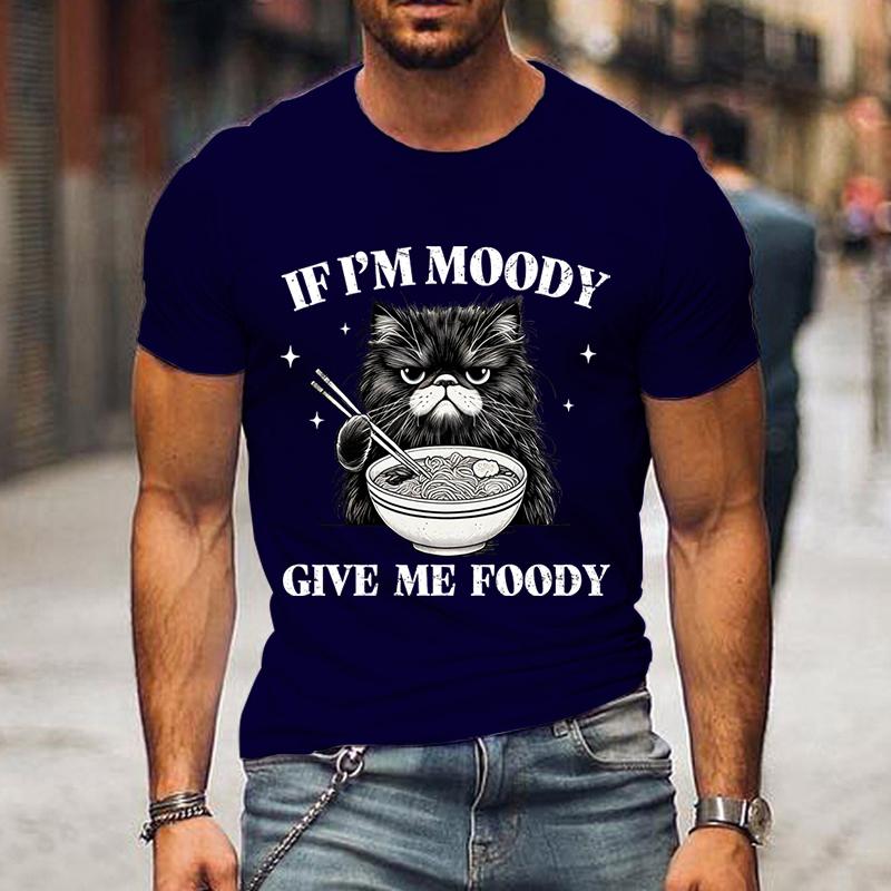 

Футболки с графикой «Рамен Черный кот» Если у меня плохое настроение, дайте мне еды Смешные мужские футболки с коротким рукавом Одежда Хип-хоп Уличная одежда 4XL