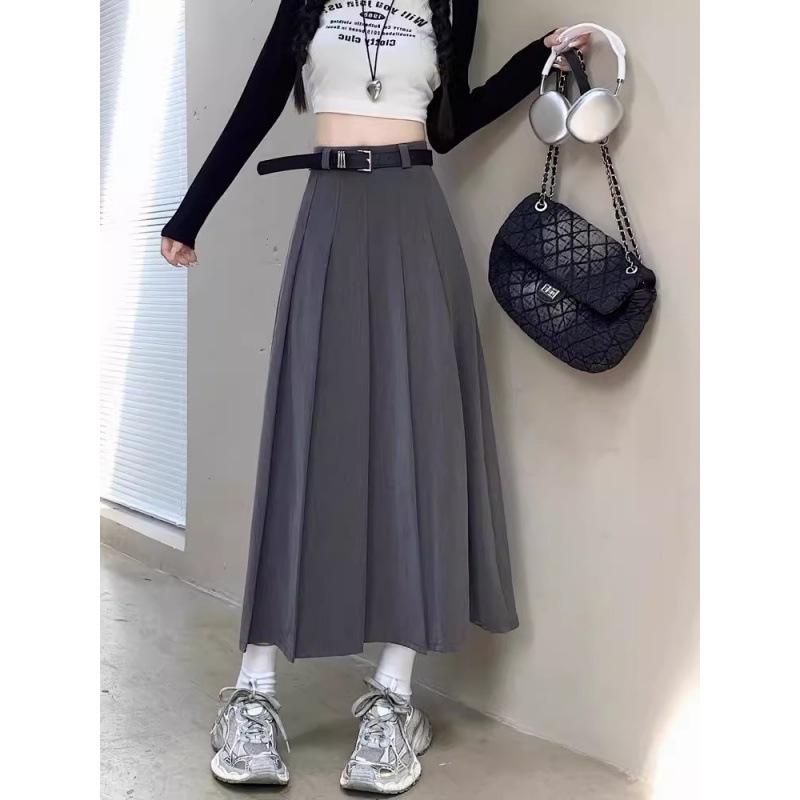 High-end Gray Suit Pleated Skirt Women's Spring and Autumn High Waist a Word Medium and Long Skirt Small New