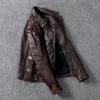 Vintage Brown Motorcycle Leather Jacket Men Natural Genuine Cowhide Jackets Autumn Slim Fit Biker 'S Ooblique Zipper Coat