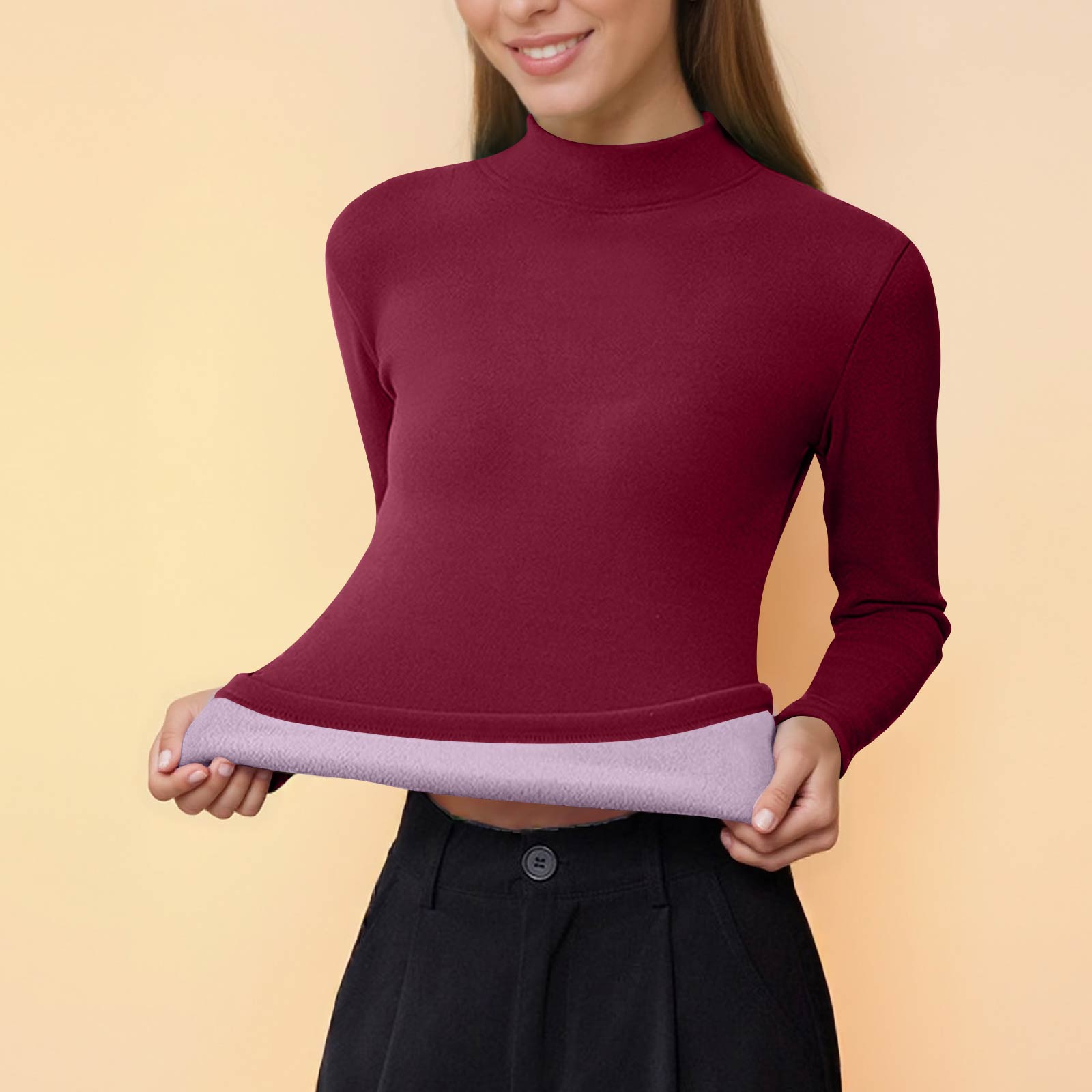 

Женский модный повседневный топ с круглым вырезом, однотонный флисовый, с длинным рукавом L красный