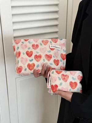 Borsa Trucco & Skincare Stile Coreano Cuore di Pesca - Pochette Quadrata Portatile per Monete & Oggetti Vari