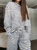 European-American Women's Striped Long Sleeve Top & High Waist Pants Set - Autumn 2025 Fashion Casual Wear.