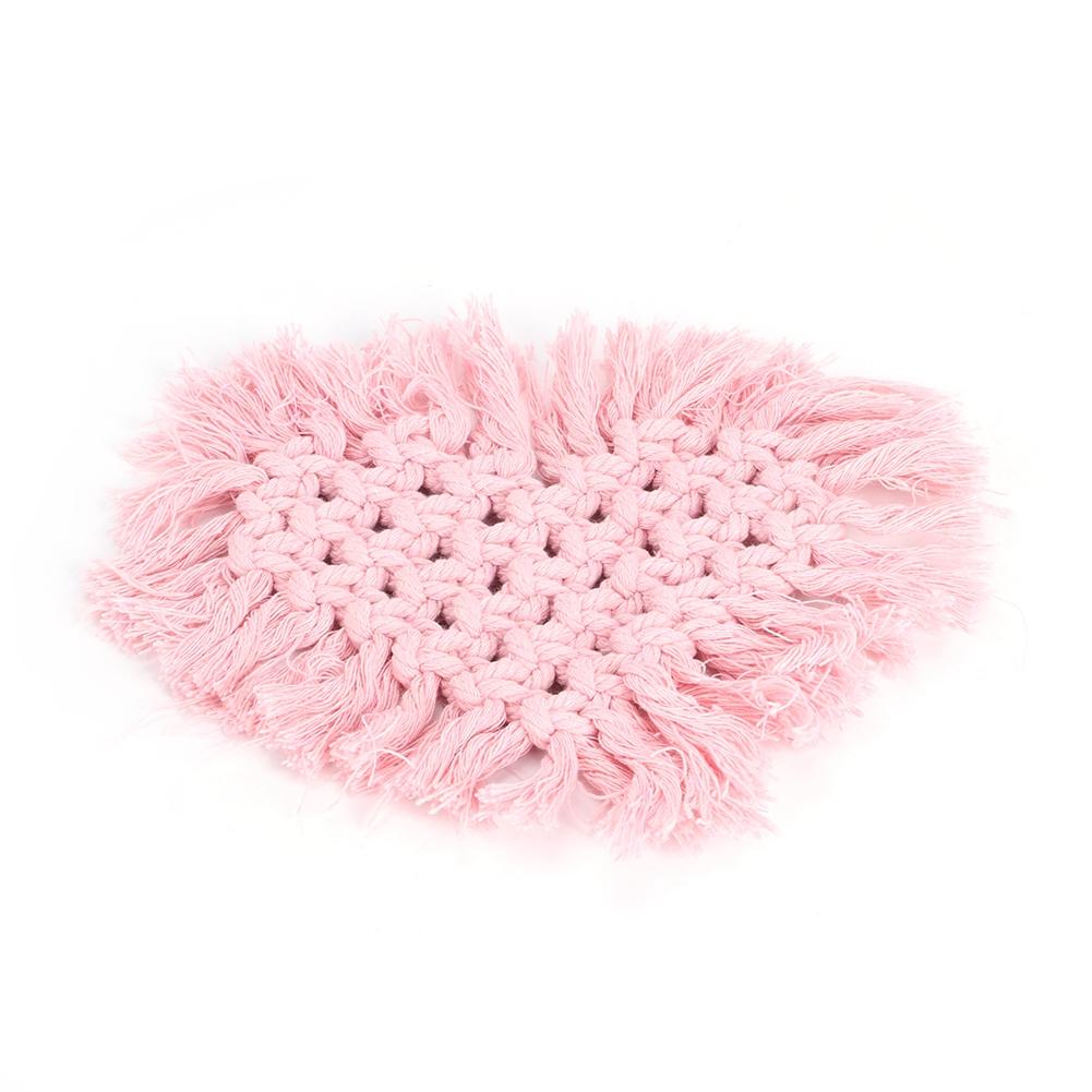 Household Kitchen Cotton Coffee Cup Coaster with Tassel Heat Insulated Pad Placemat Decoration(Pink Heart Shaped)
