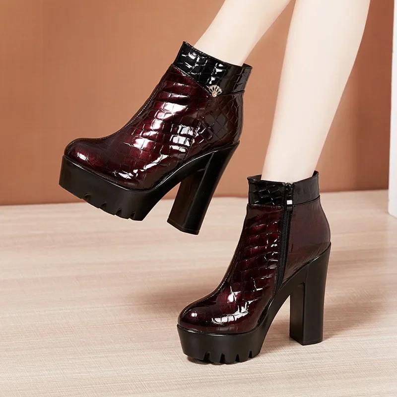 13cm Small Big Size 32-43 Vintage Bright Leather Shoes Women Ankle Boots  Fall Winter Block High Heels Boots Office Model