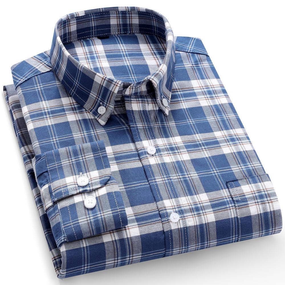 

Мужская клетчатая оксфордская рубашка с длинным рукавом, 100% хлопок, воротник на пуговицах, с нагрудным карманом, удобный крой, повседневная, весна-осень, прочная, устойчивая к сминанию 45