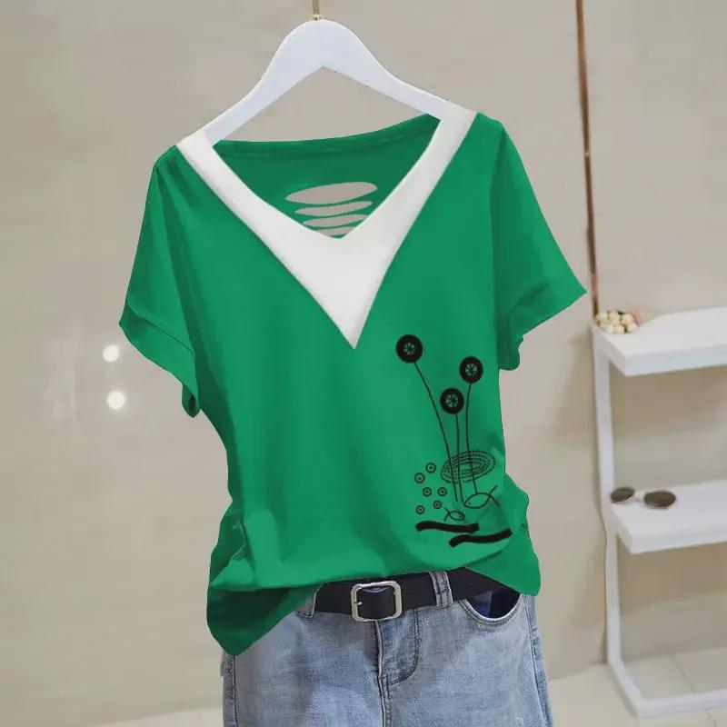 Women's 2024 Summer Cotton V-neck Short-Sleeve Top - Versatile, Loose, Slimming, Plus Size, Chic Korean Style T-shirt