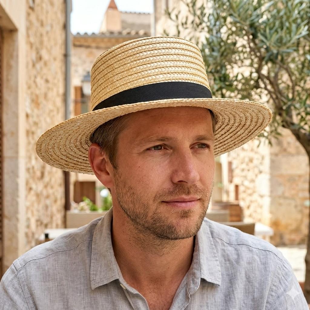 Cappello a tesa larga da uomo in paglia Classico Cappello a tesa piatta Cappello da sole estivo da spiaggia con fascia nera Cappelli Panama Gondoliere Vintage Traspiranti