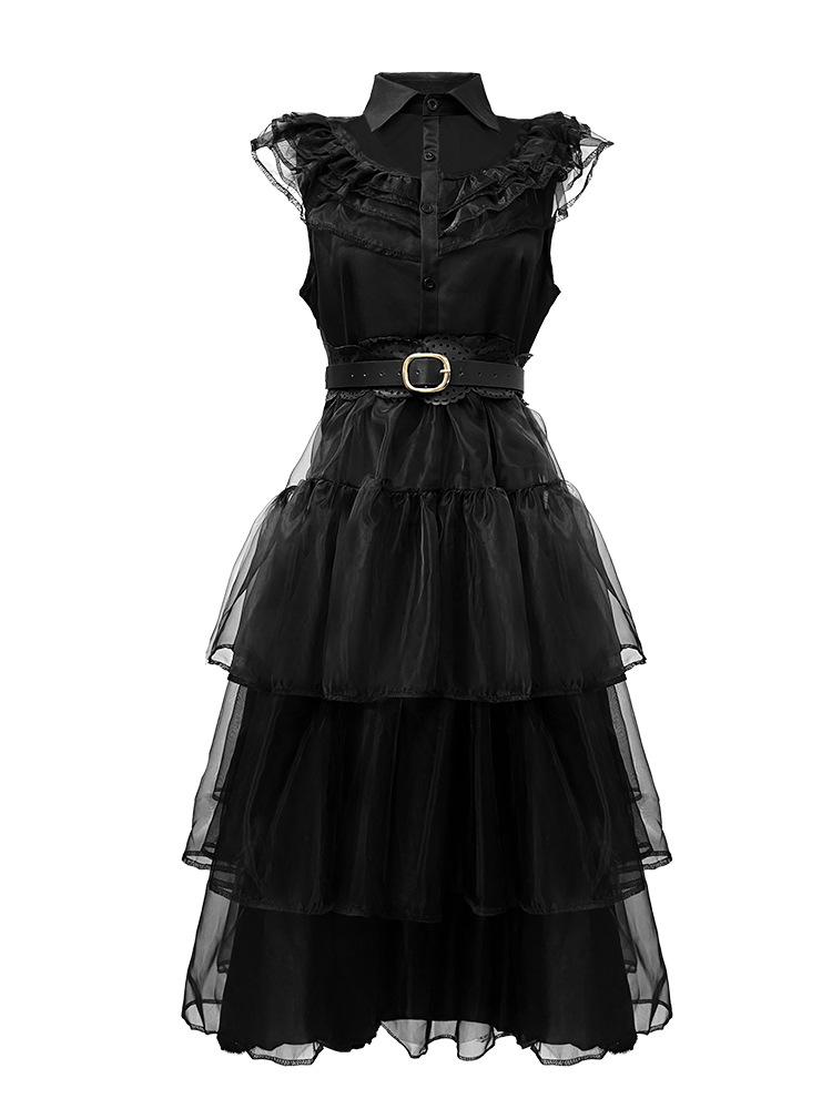 Adult Women's Wednesday Addams Cosplay Prom Dress - Black Halloween Costume