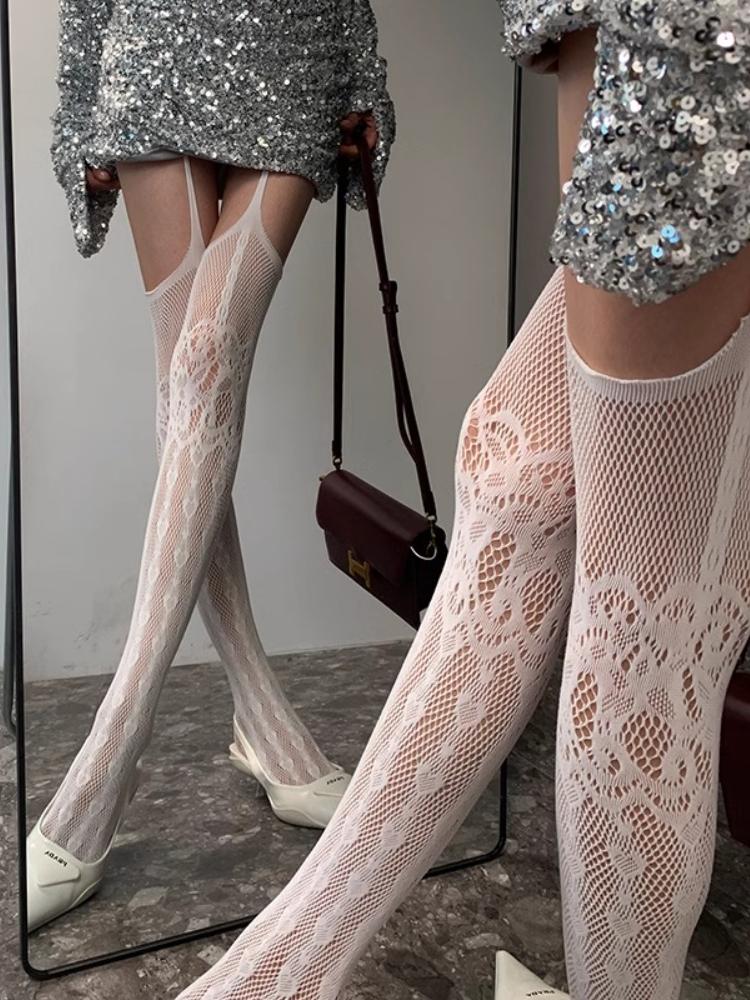 Hollowed Out Lace Fishnet Suspender Socks Women Sexy Slim Nylon Mesh Thigh High Stockings White Tights Open Crotch Pantyhose
