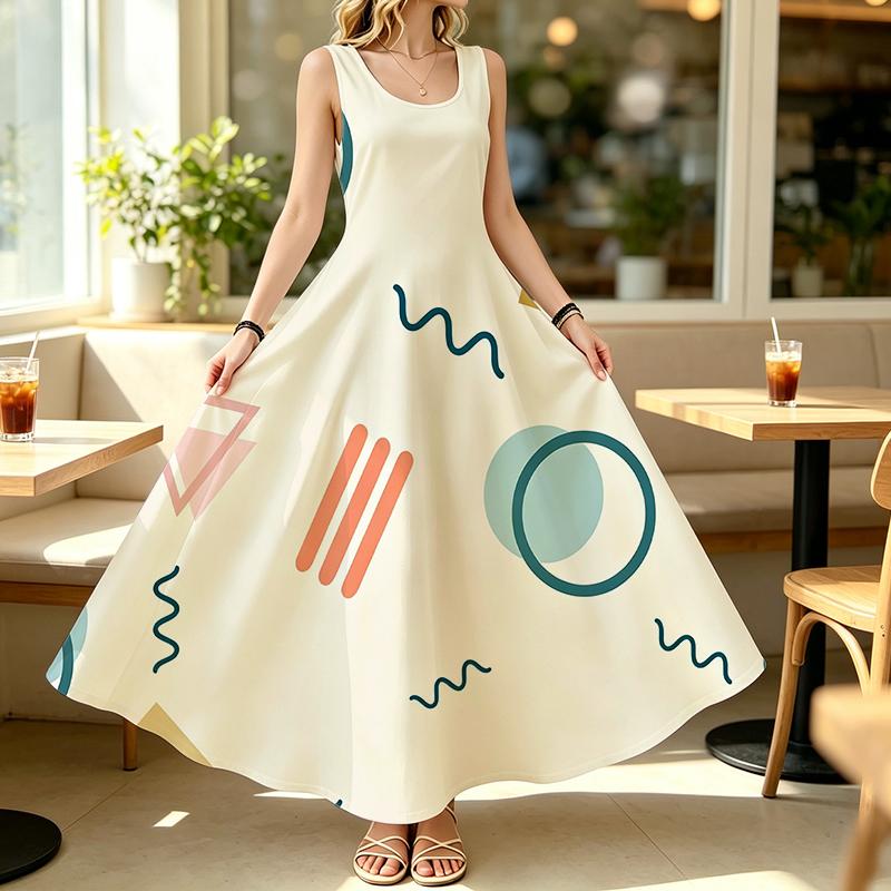 Women’s Longline Sleeveless Vacation Dress Loose Lightweight Breathable Simple Geometric Design,Versatile for Beach & Daily Casual Outings