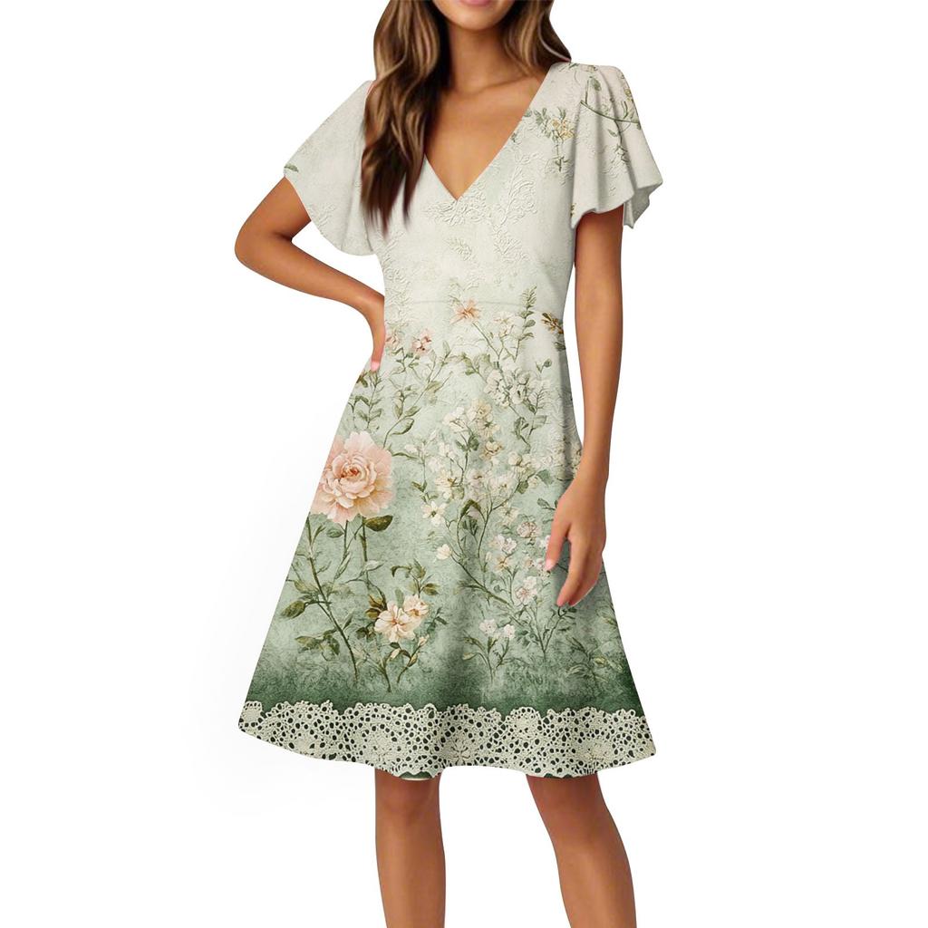 Women's Dress Flared Sleeve Short Sleeve Casual Floral V-neck Dress