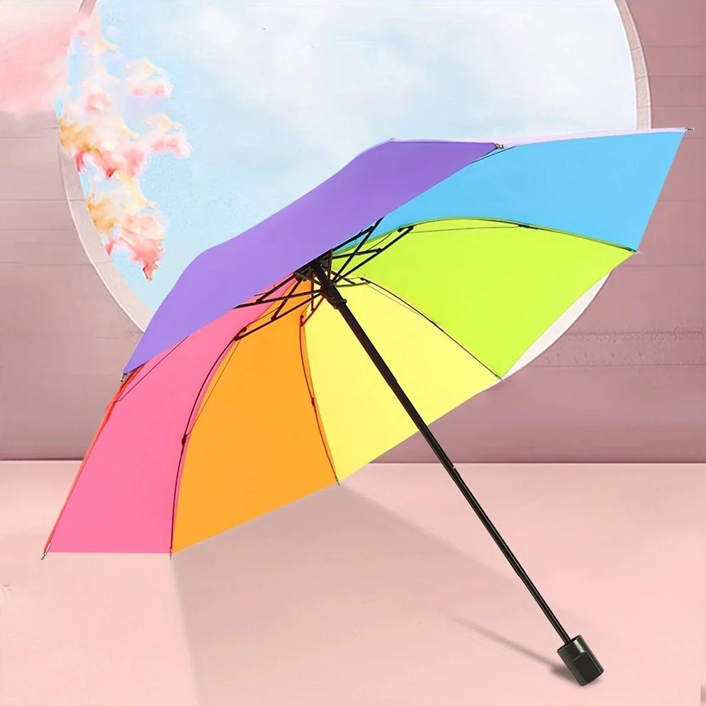 1pc - Rainbow Wonder - Portable Three- fold Umbrella with Short Handle, Foldable Design for Effortless Style and Protection