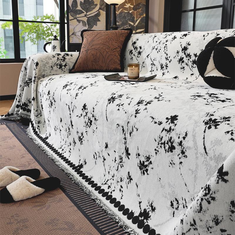 

French Chenille Material Sofa Towel Ink Painting Tree Branch Pattern Tassel Couch Pad Four Season Universal Anti Slip Settee Mat 90x90cm 1pcs