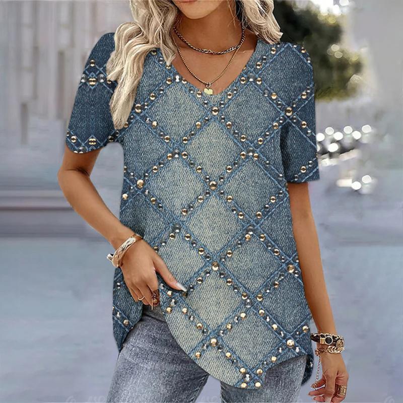 Summer V-neck 3D Printed Top Fashionable Retro Casual Short Sleeved Women's T-shirts