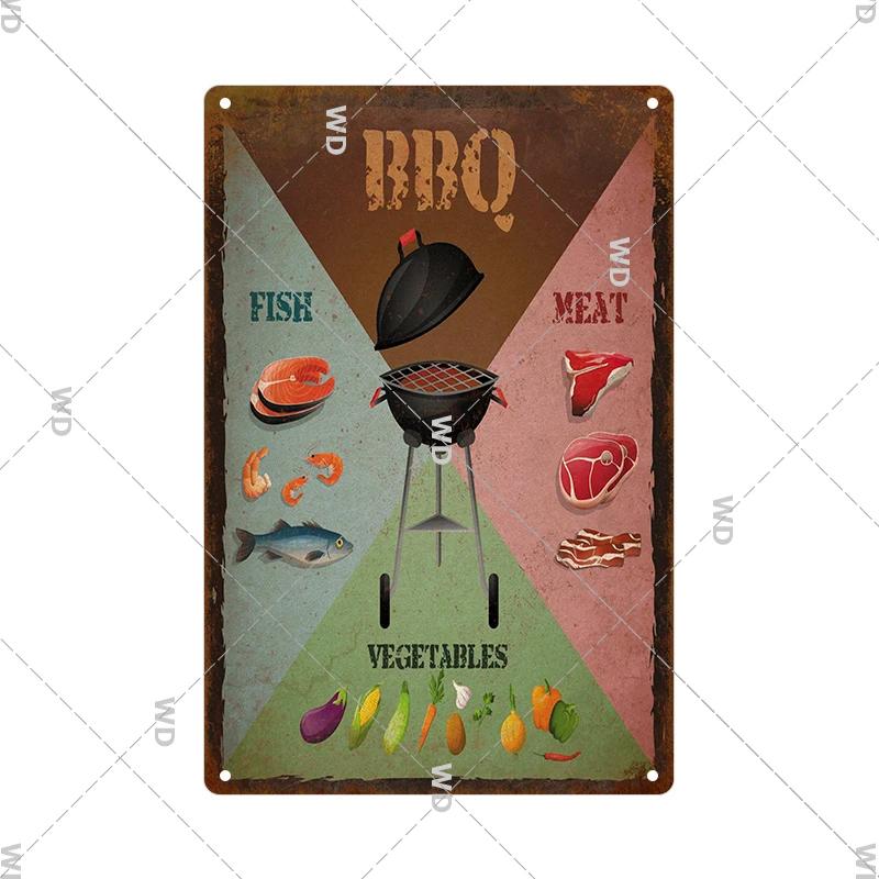 Dad's BBQ Party Metal Tin Plaque Retro Tin Signs Barbecue Rules Slogan Plate Vintage Grill Poster Yard Garden Kitchen Wall Decor