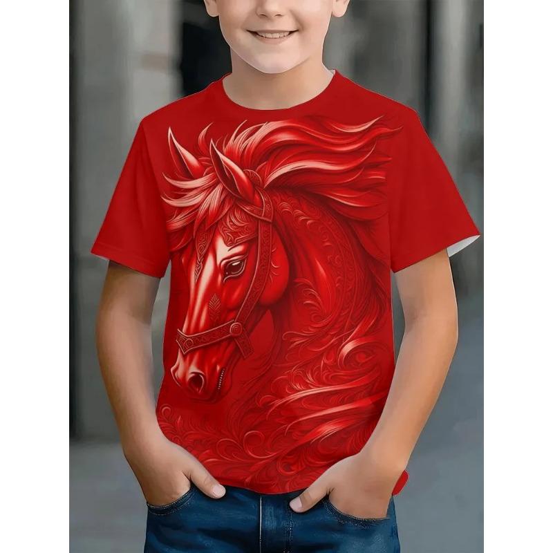 Summer Round Neck Children's Short Sleeved T-shirt Cute Horse Animal Pattern Print Comfortable Fashionable Loose Fitting Girls Boys T-shirt