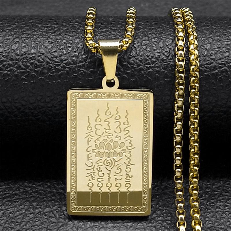 Schriftzeichen Thailand Buddhistische Plaketten Lotus Anhänger Halsketten für Männer Frauen Edelstahl Religiöser Wunsch Talisman Kette Schmuck