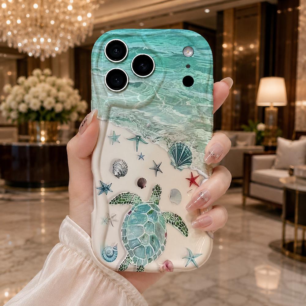 Sea Turtle Shell Beach Ocean Phone Case for iPhone 16 15 14 Pro Max 13 12 11 Mini XR XS SE Wavy Edge Soft Cover
