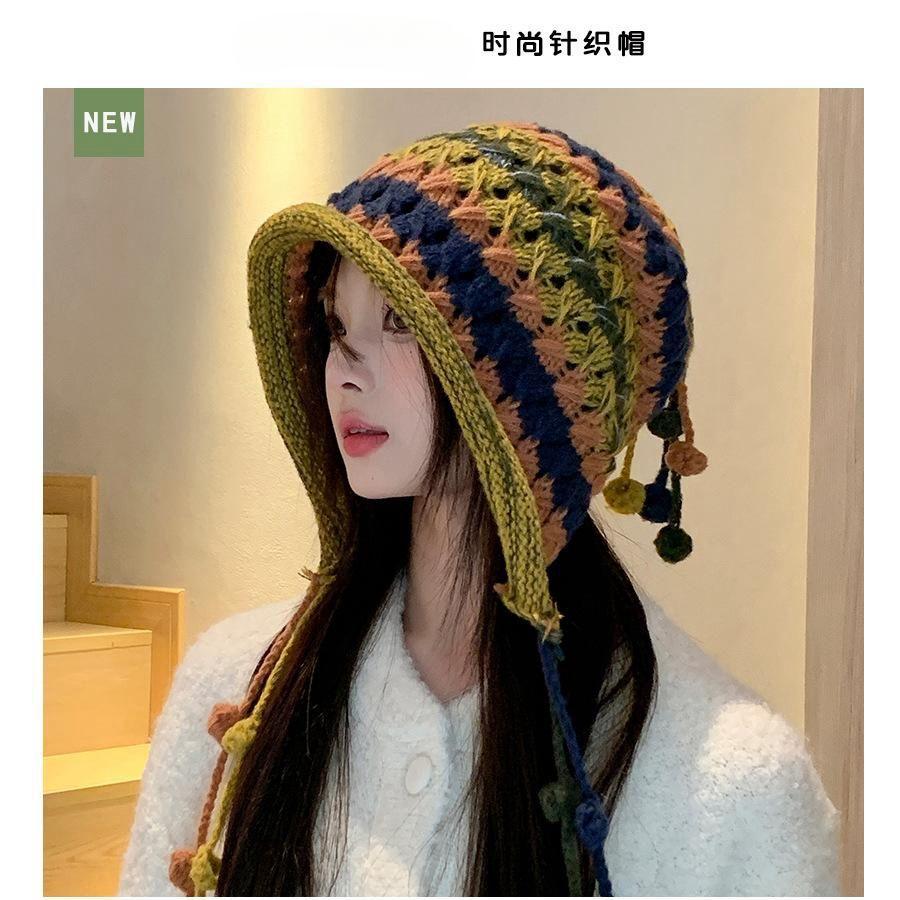 Japanese fashion versatile ear protection wool hat women's color ball fringed handmade knitted hat autumn and winter warm bald hat