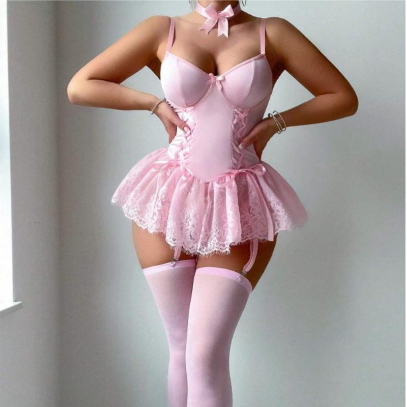 3 Piece Pink Sexy Dresses Women Lace Lingerie Mesh Pure Desire Sling Strap Shapewear Bandage Waist Shaping Dress+Thong+Socks Set