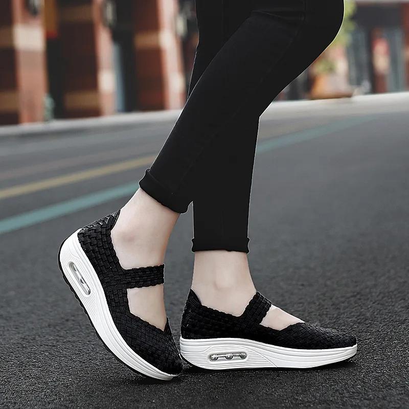  2025 Breathable Casual Women Shoes Loafers Platform Wedges Autumn Woven Slip on Nylon High Heel Pumps Square Dancing