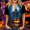 Women's Halloween Print Henley Neck Short Sleeve Linen Blend Shirt with Chest Pocket Casual Button Down Top for Fall Seasonal Wear