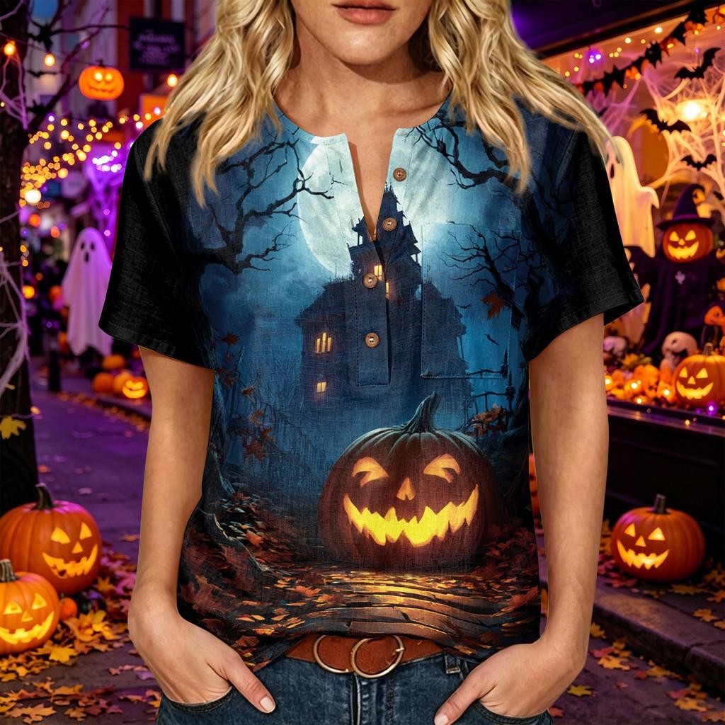 Women's Halloween Print Henley Neck Short Sleeve Linen Blend Shirt with Chest Pocket Casual Button Down Top for Fall Seasonal Wear