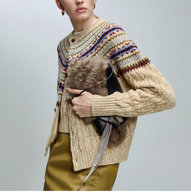 Vintage Wool-Cotton Cable Knit Cardigan – Mélange Fancy Yarn Winter Sweater, Round Neck, Long Sleeve