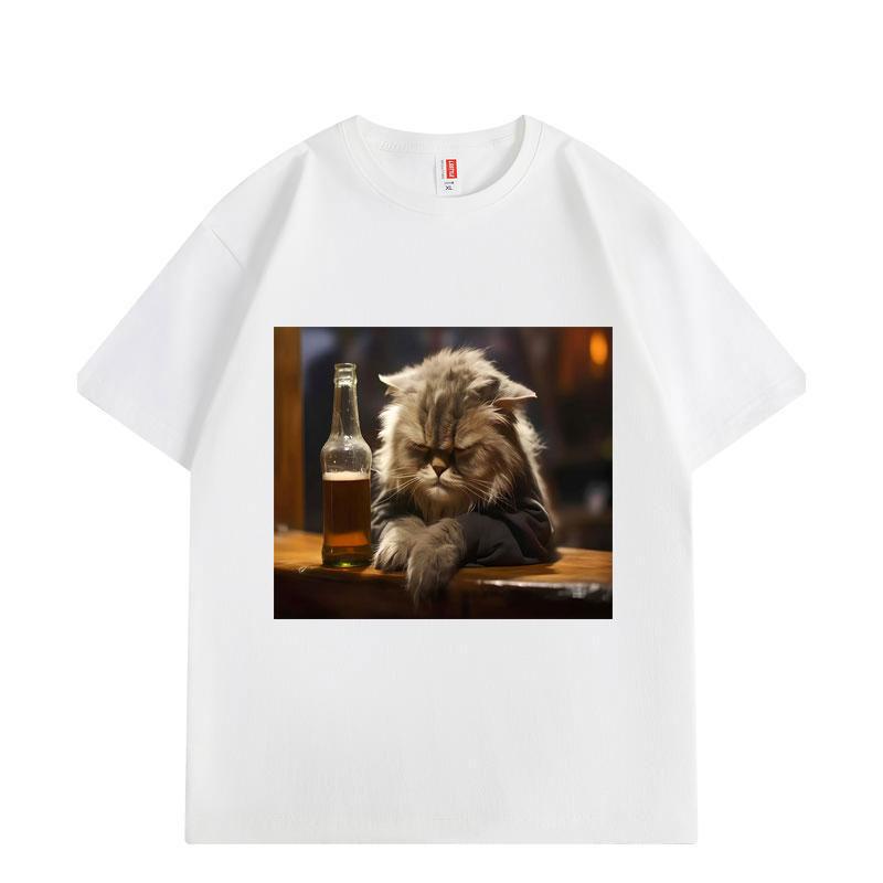 Funny Drunk Cat Graphic T Shirts Men Women Clothing Oversized Cotton Fashion T-shirts Summer  Loose Short Sleeve T-shirt