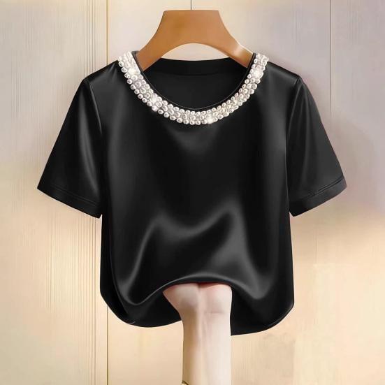 Damen T-Shirt Rundhals Satin Stoff T-Shirt mit Handgenähten Imitationsperlen Kurze Ärmel Lockerer Schnitt Lässige Oberteile