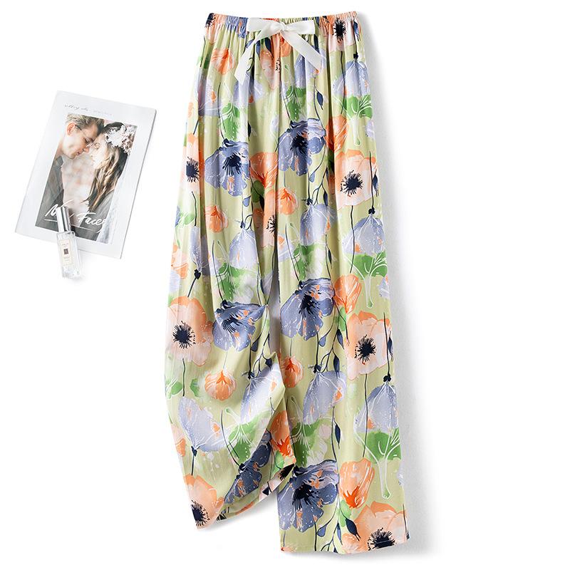 

Пижамные брюки из хлопкового шелка, женские летние тонкие антимоскитные широкие брюки, однотонные, для отдыха на открытом воздухе, для дома, с принтом, пляжные брюки Nine-minute One Size