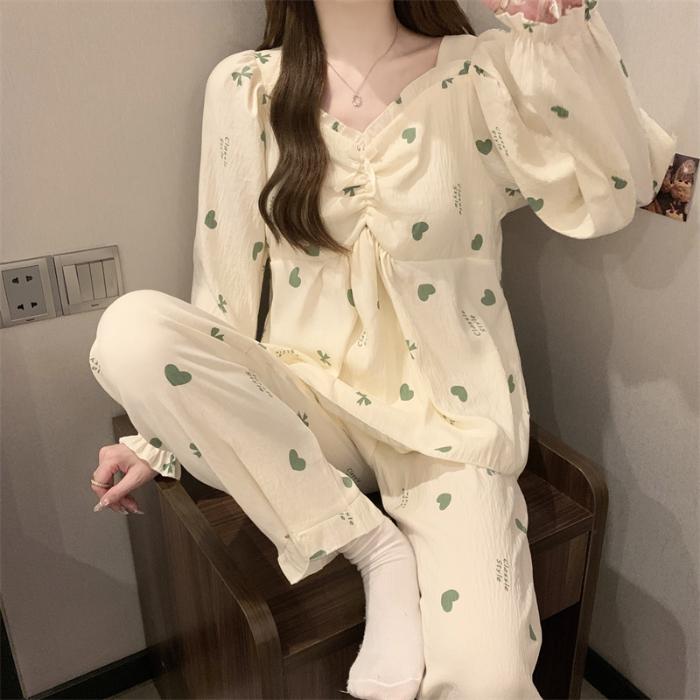 Love Letter Print Raglan Sleeve Design 2 Piece Pajamas Set Women Korean Sweet Casual Simple Pajamas Set Autumn Winter Homewear