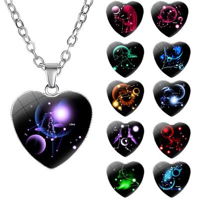 Stylish Women 12 Zodiac Constellations Sign Glass Heart Pendant Necklace Birthday Party Jewelry Gift