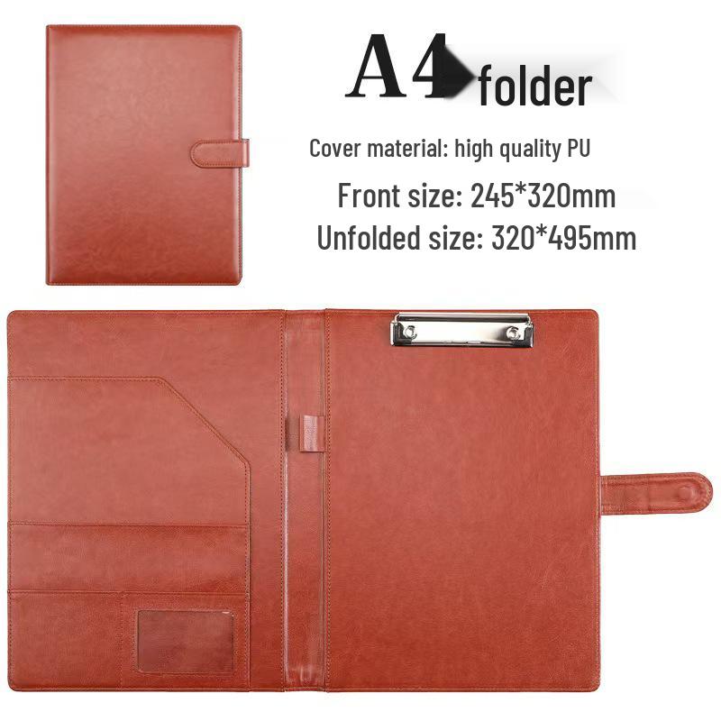 A4 Multi-functional Leather Document Folder with Clip and Storage for Contracts and Work Orders