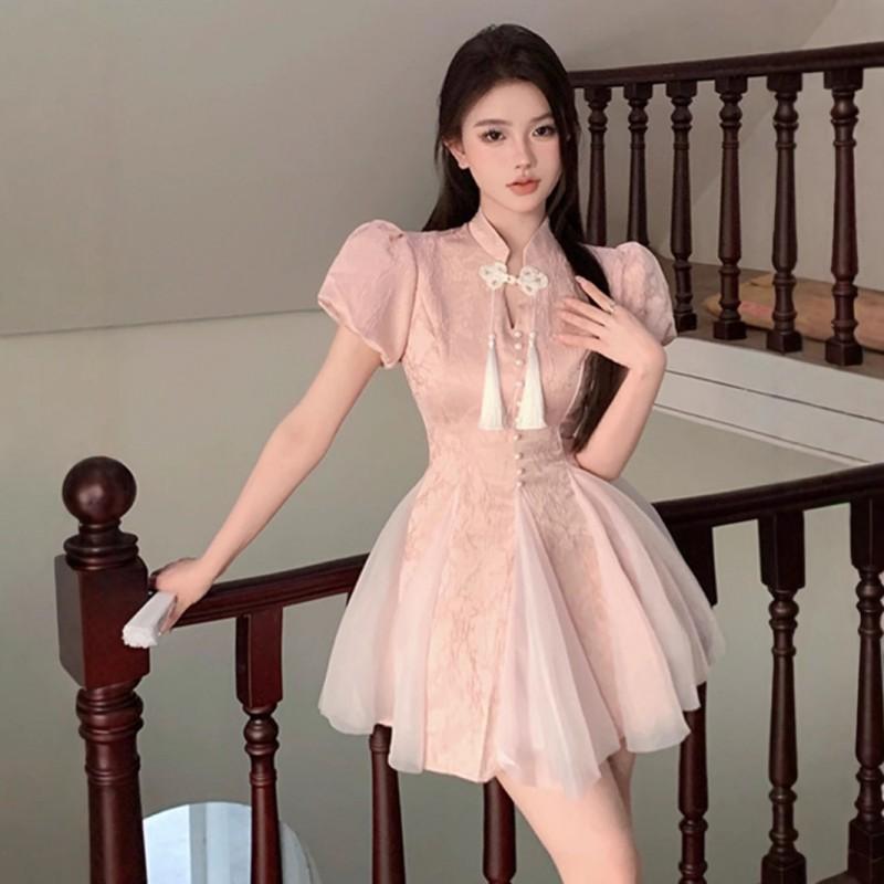 Elegant A-Line Midi Dress With Mandarin Collar Short Sleeve Princess Fit-and-Flare Style Women 2025