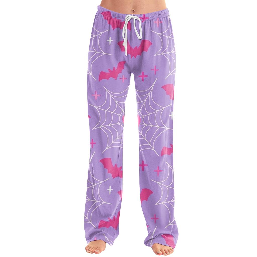 Women Loose Fit Casual Halloween Printed Pants Elastic Waist Relaxed Trousers with Pumpkin Pattern for Daily Wear