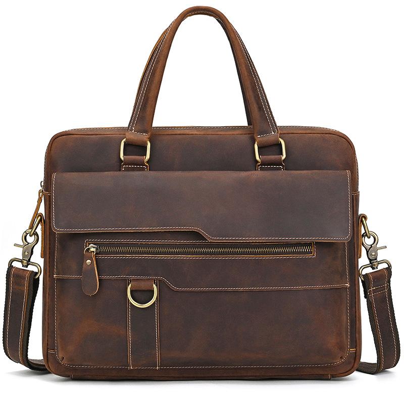 Men'S Leather Commuter Handbag 15 Inch Crazy Horse Leather Briefcase Shoulder Bag Cowhide Business Computer Bag