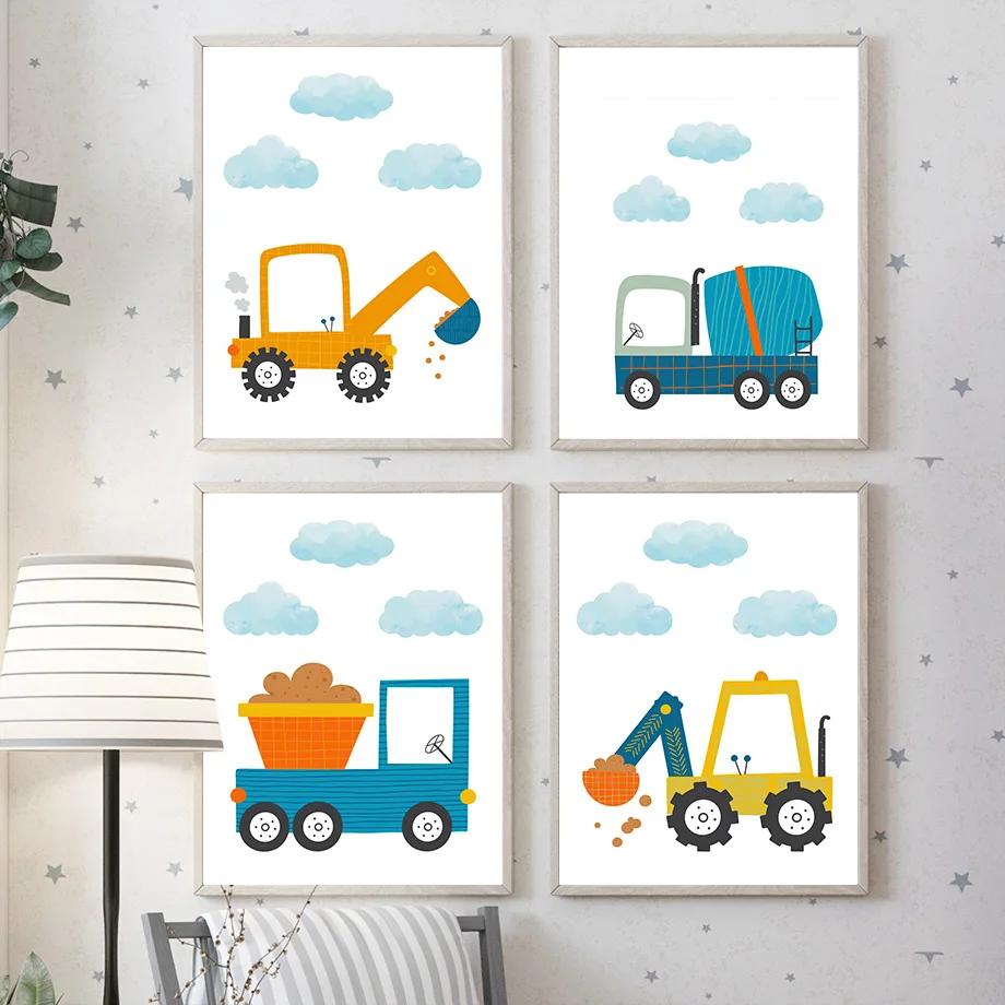Modern Cartoon Crane Excavator Dump Truck Nursery Wall Art Canvas Painting Nordic Posters & Prints Pictures Baby Kids Room Decor