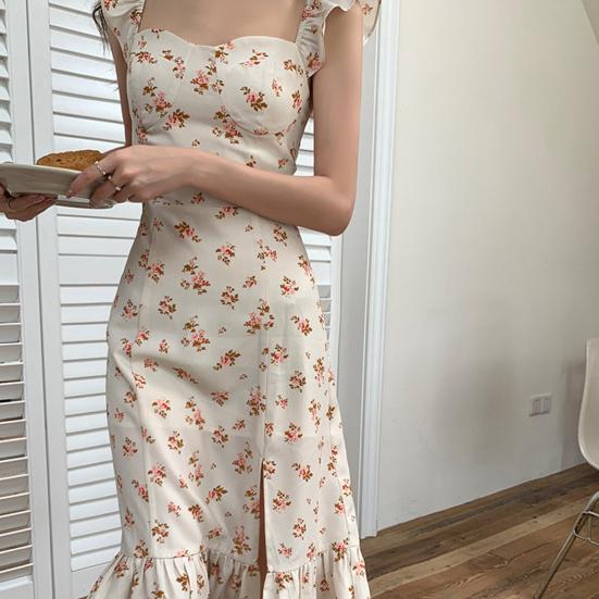Women Summer Maxi Dress Side Split Elastic Bust Sleeveless Flower Print Ruffle Dress-up Patchwork Backless Women Dating Dress Female Clothing