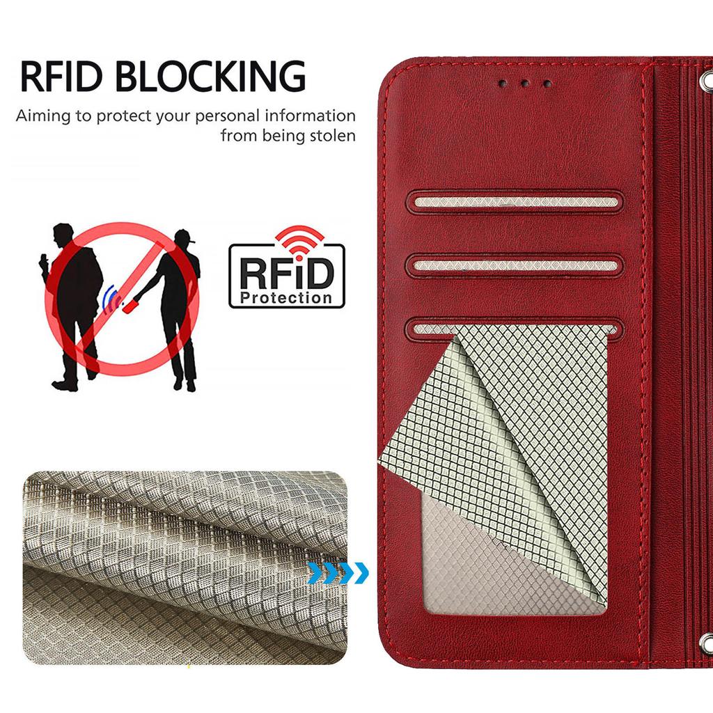 For iPhone 16 Pro Max Wallet Case RFID Blocking Calf Texture Leather Stand Phone Cover with Strap