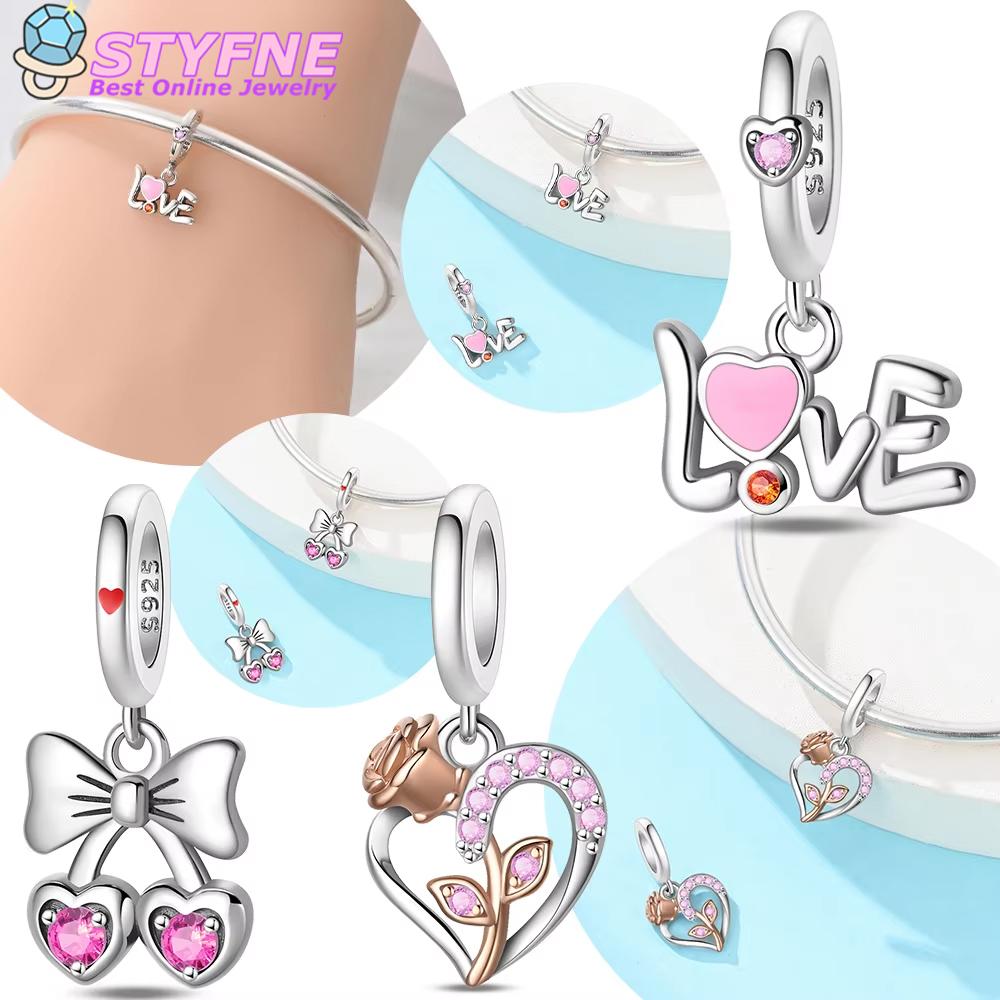 Women Pendant Original Copper Pink Heart Love Bow Rose Flower Charms Bead Fit Bracelet Jewelry Diy Accessory Girlfriend Gift