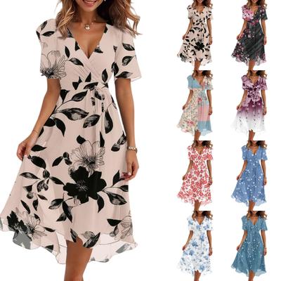 Women’s V Neck Floral Print Midi Dress with Short Sleeves Adjustable Waist Tie and Flowy Hem for Casual Wear