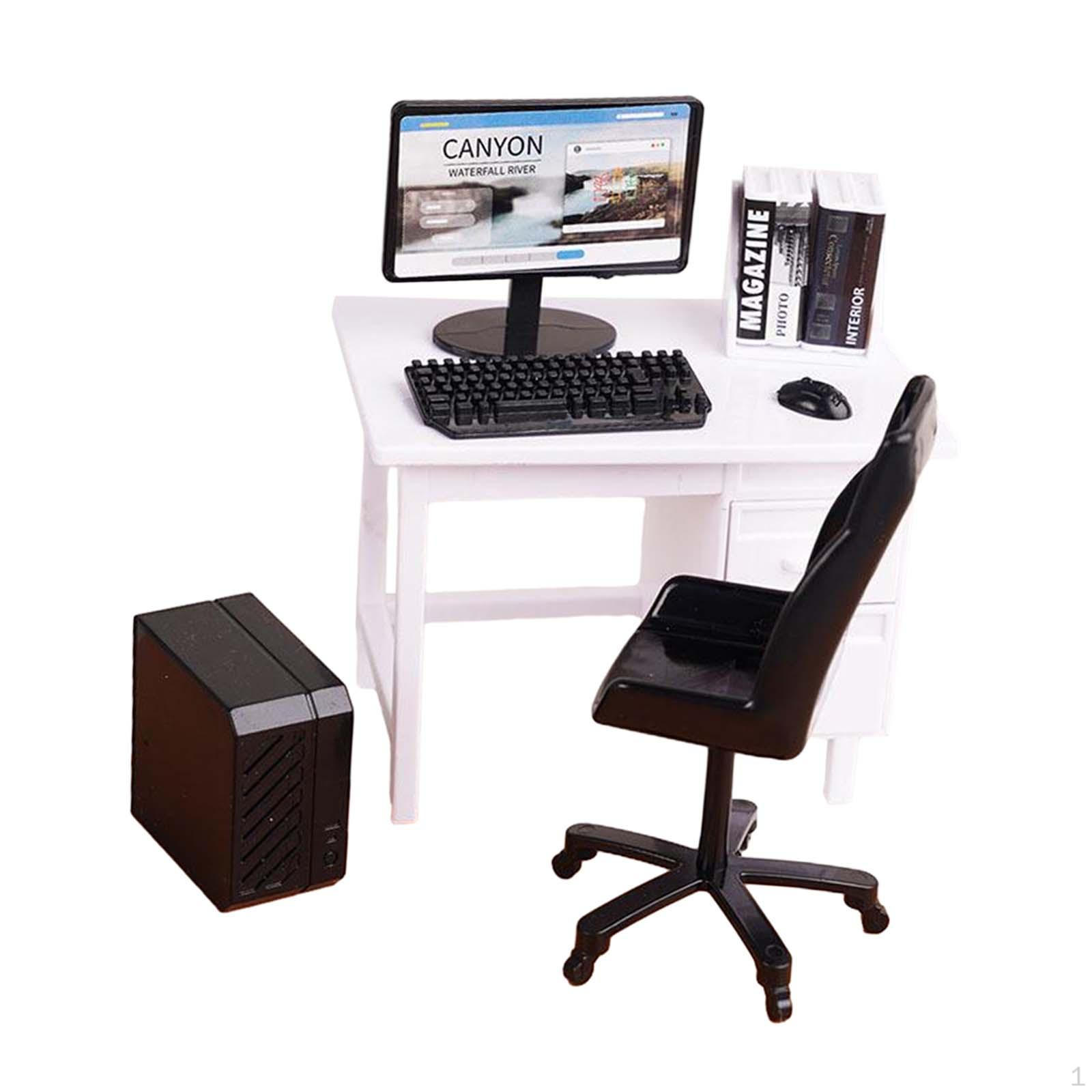 

1/12 Computer Desk and Chair Miniature Gaming Table with Keyboard Model for Decoration белый