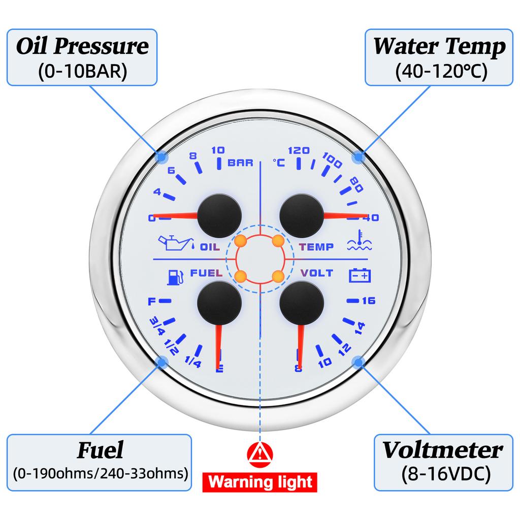 AD 4-in-1 Multifunktionsanzeige 85MM Kraftstoffdruckmessung Öldruckanzeige Kraftstoffstand Wassertemperaturanzeige Voltmeter mit Alarm