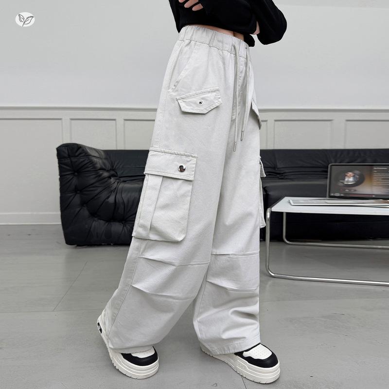 Girls' Wide-Leg Cotton Work Pants with Big Pockets - Autumn 2026 Style for Medium to Large Children, Casual Straight-Leg Long Pants