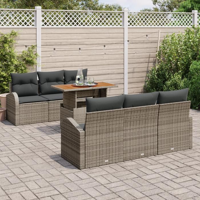 VidaXL Ensemble de salle à manger de jardin 7 pièces avec coussins gris poly rattan acacia 3349530
