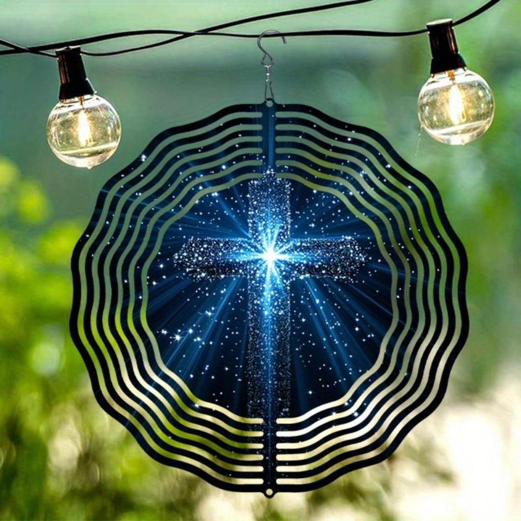 Starry Sky Blue Light Cross Pattern Wind Rotating Chime Metal Hanging Ornament for Yard Balcony Window Outdoor Decor Gift