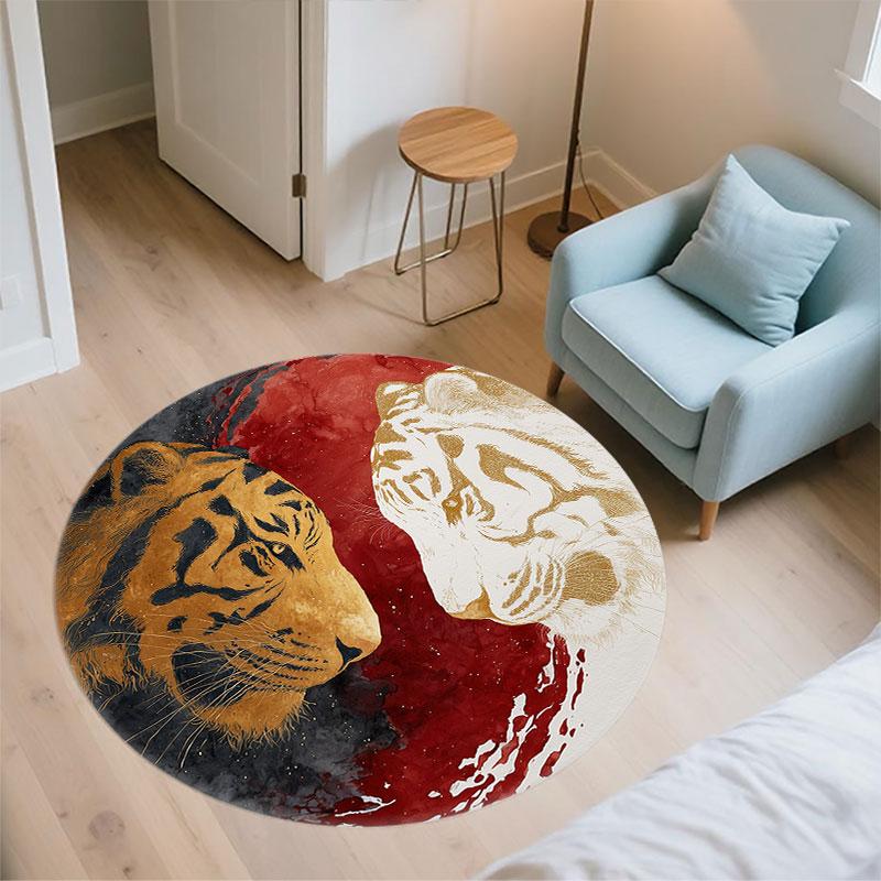 Double Tigers pattern round rug,Carpet Rug for Living Room Bedroom Playroom ,Non-slip Floor Mat,Holiday Gifts and Birthday Gifts.