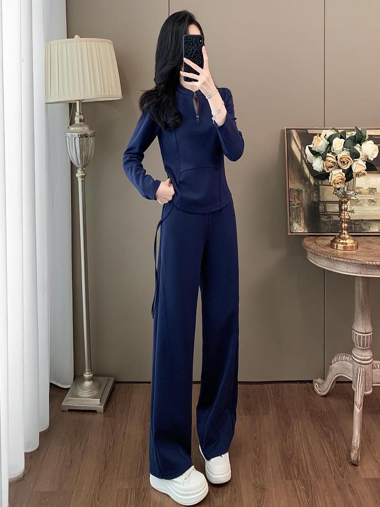 Women's Autumn Casual Sports Set: Slimming Black Long Sleeve Top & Wide Leg Pants